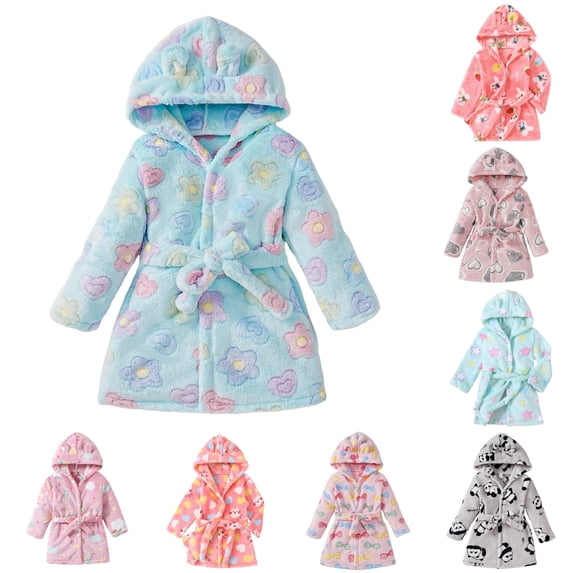 REDARER Unisex Hooded Bathrobe Animal Ear Decor Belted Long Sleeve Floral Heart Cartoon Plush Warm Bath Home Sleep Loungewear,12-24 Months