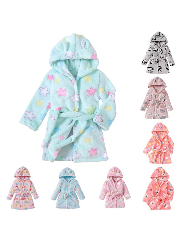Unisex Hooded Bathrobe Animal Ear Decor Belted Long Sleeve Floral Heart Cartoon Plush Warm Bath Home Sleep Loungewear,12-24 Months
