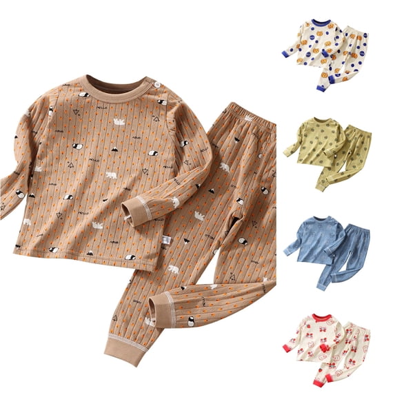 REDARER Unisex Kids 2 Piece Sleep Set Double Layer Pure Cotton Bear Print Crew Neck Long Sleeve Warm Loungewear Pajamas Homewear,4-5 Years