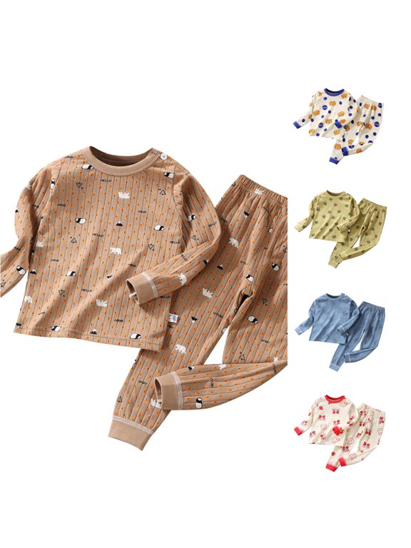 Unisex Kids 2 Piece Sleep Set Double Layer Pure Cotton Bear Print Crew Neck Long Sleeve Warm Loungewear Pajamas Homewear,4-5 Years