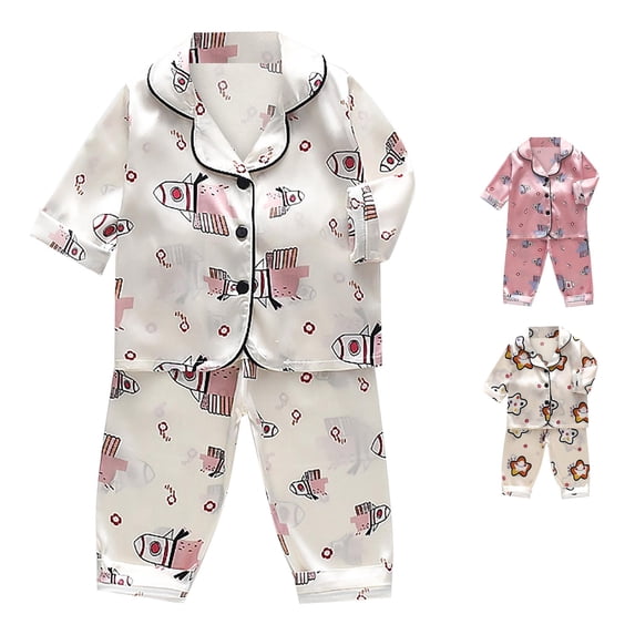 REDARER Unisex Kids 2 Piece Sleep Set Silky Satin Notch Collar Button Down Cartoon Star Print Long Pants Loungewear Pajamas Sleepwear,3-4 Years