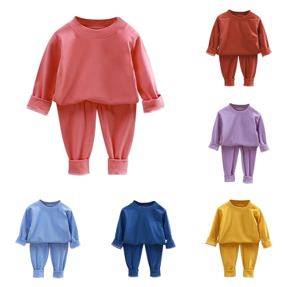 REDARER Unisex Kids 2 Piece Thermal Base Set Plain Crew Neck Long Sleeve Fall Winter Warm Loungewear Top And Pants Pajamas,12-18 Months