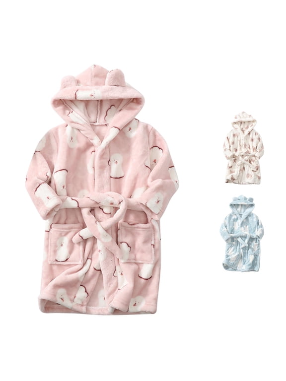 Unisex Kids Bath Robe Soft Thick Coral 3D Bear Ear Hood Bear Star Print Adjustable Tie Waist Front Pockets Loungewear Sleepwear,1-2 Years