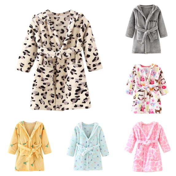REDARER Unisex Kids Bath Robe Soft Thick Coral Classic Attached Hood Leopard Print Adjustable Tie Waist Front Pockets Loungewear Sleepwear,4-5 Years