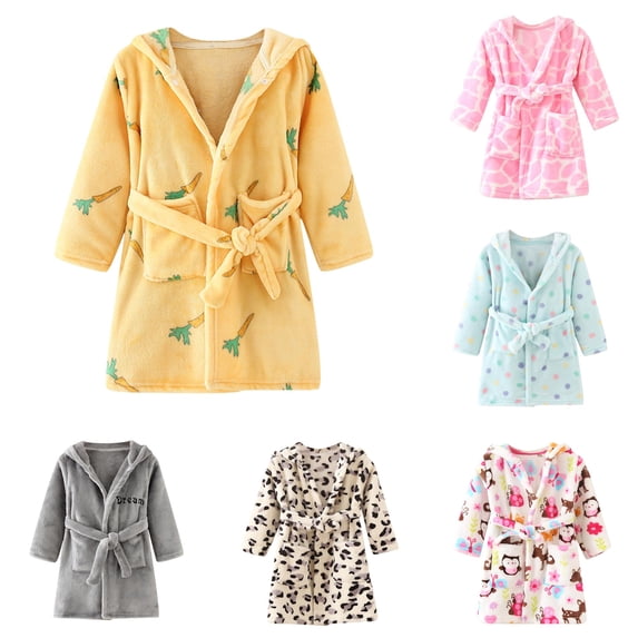 REDARER Unisex Kids Bath Robe Soft Thick Coral Classic Attached Hood Leopard Print Adjustable Tie Waist Front Pockets Loungewear Sleepwear,5-6 Years