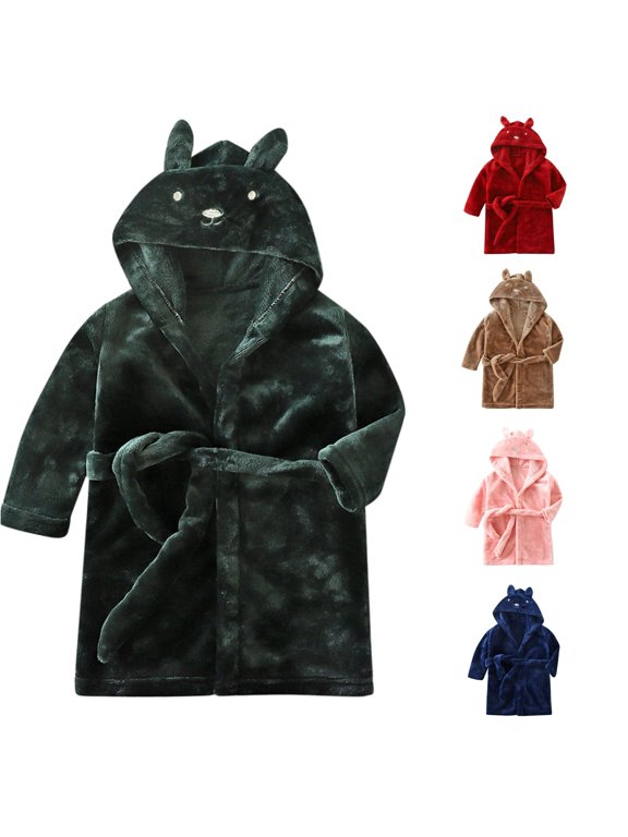 Unisex Kids Bath Robe Soft Thick Coral Integrated 3D Bear Ear Character Hood Adjustable Tie Waist Long Sleeve Loungewear Sleepwear,1-2 Years