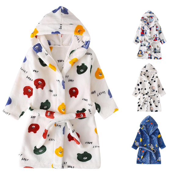REDARER Unisex Plush Kids Bathrobe Lapel Hooded Long Sleeve Self Tie Waist Pockets Cartoon Cow Print Warm Absorbent Shower Night Home Loungewear Robe,18-24 Months