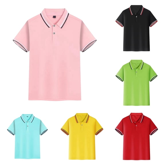 REDARER Unisex Striped Trim Lapel Single Button Short Sleeve Polo Shirt Soft Breathable Pique Fabric School Uniform Daily Summer Casual Top,9-10 Years