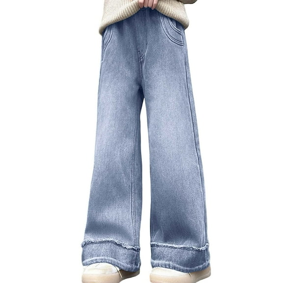 REDARER Winter Lined Girls Jeans Warm Thickened Casual Trousers Loose Fit Straight Leg Wide Leg Pants for Kids Everyday Wear Cold Weather Outfit,Size:11-12 Years