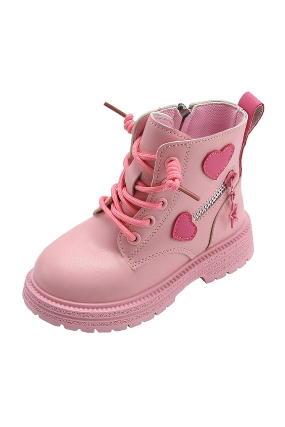 Winter Leather Boots with Lace-Up and Side Zipper, Heart Accents Ankle Booties, Stylish Color Matching Kids Shoes,Size:3.5-4 Years