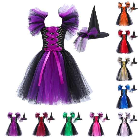REDARER Witch Tutu Dress 2Pcs Set Lace Up Back Ruffle Sleeve Mesh Gown Decor Pointed Hat for Halloween Cosplay Birthday Party Stage Dress Up Outfit,6-7 Years