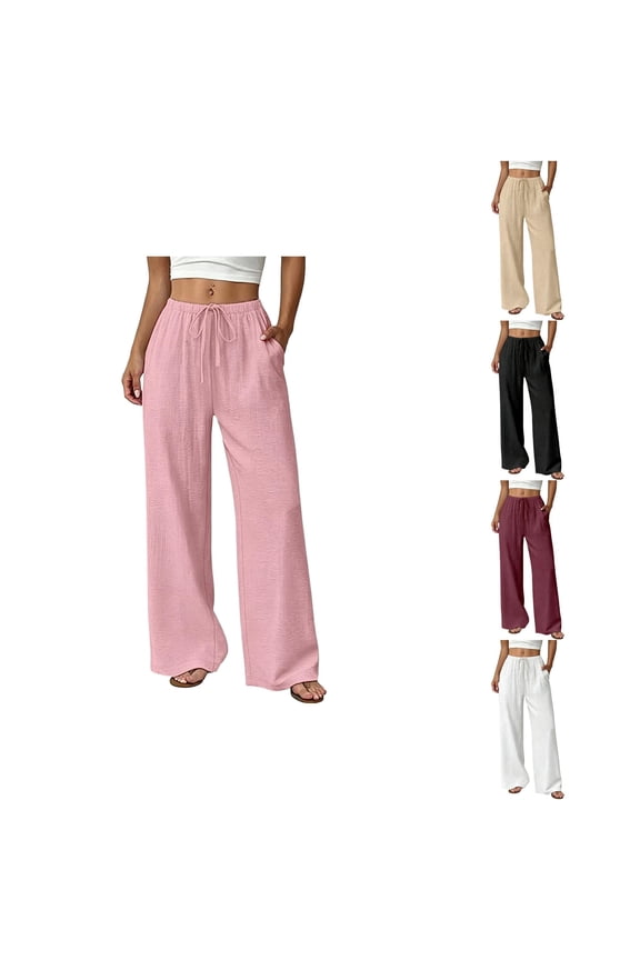Women's High Waist Gauze Wide Leg Pants Elastic Waistband Loose Fit Breathable Casual Trousers with Pockets,XXL