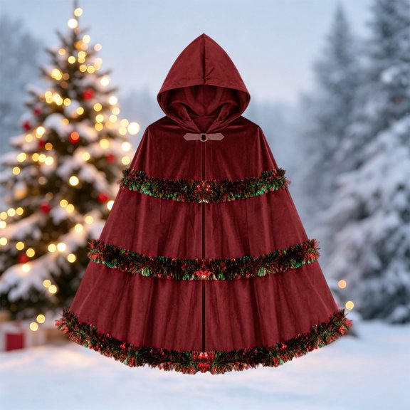 REDARER Women's Christmas Hooded Cloak Tiered Tinsel Fringe Velvet Cape Cosplay for Xmas Party Holiday Performance,One Size
