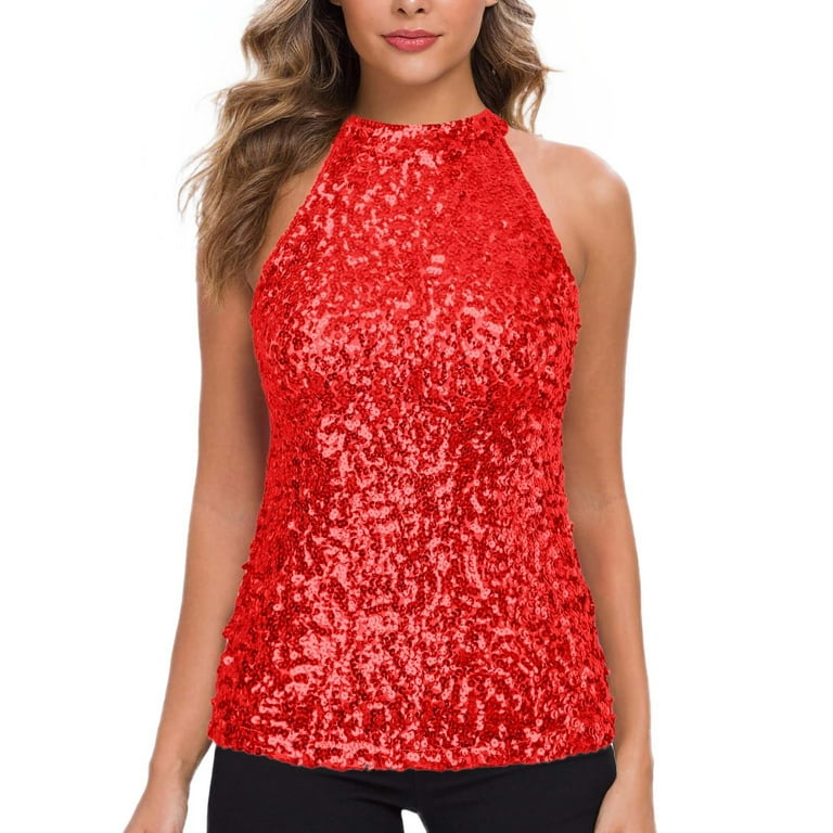 REDARER Women s Sequin Off Shoulder Halter Top Tank Top for Women Color Red Size One Size Walmart