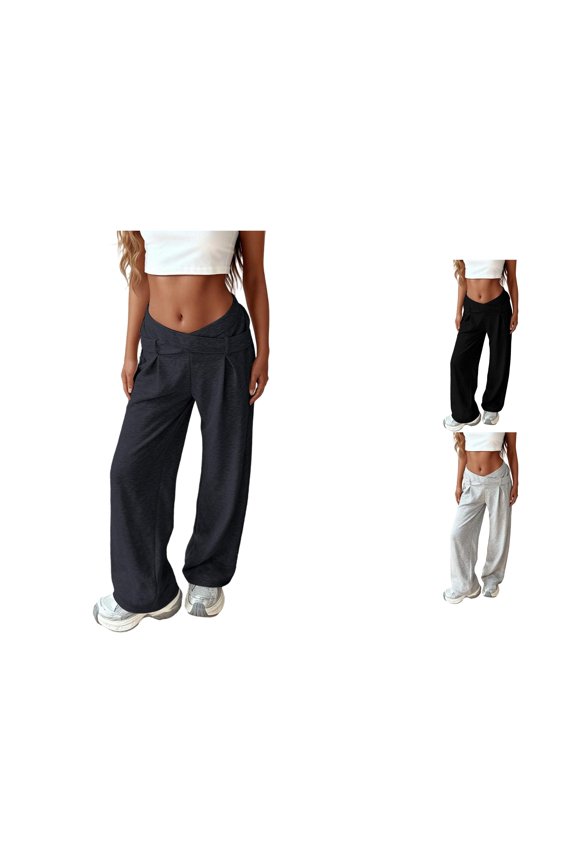 Womens High Waist Cross Waist Wide Leg Pants Soft Stretch Casual Loose Fit Everyday Trousers with Pockets,XS