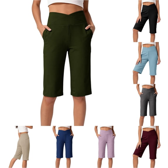 REDARER Womens High Waist Crossover Yoga Biker Shorts with Side Pockets for Workout,M