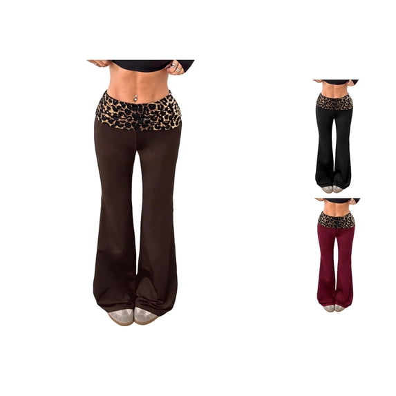 REDARER Womens Leopard Print Fold-Over Waist Flare Leggings Stretchy High Waist Casual Yoga Pants,S