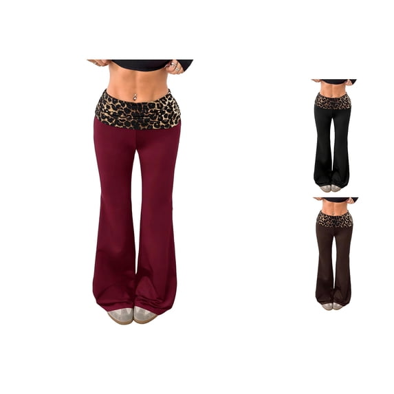 REDARER Womens Leopard Print Fold-Over Waist Flare Leggings Stretchy High Waist Casual Yoga Pants,S