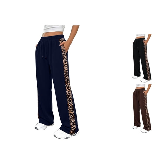 REDARER Womens Leopard Print Wide Leg Pants Elastic Waist Casual Athletic Trousers with Pockets,L