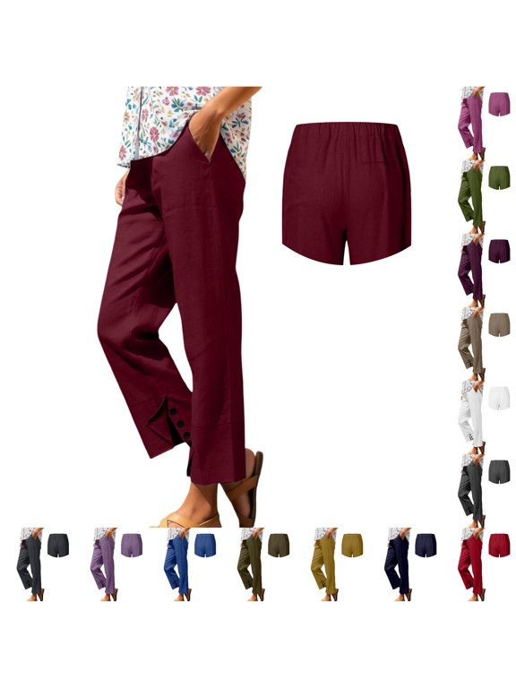 Womens Linen Blend Split Hem Pants Elastic Waist Summer Casual Trousers with Button Detail and Pockets,XL