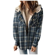 REDARER Womens Plaid Shacket Jacket Long Sleeve Button Down Hooded Jackets Warm Coat for Women Warm Zip up Jackets for Women Winter Jacket Navy 2XL