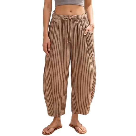 REDARER Womens Striped Linen Blend Harem Pants Elastic Drawstring Waist Baggy Summer Trousers with Pockets,L