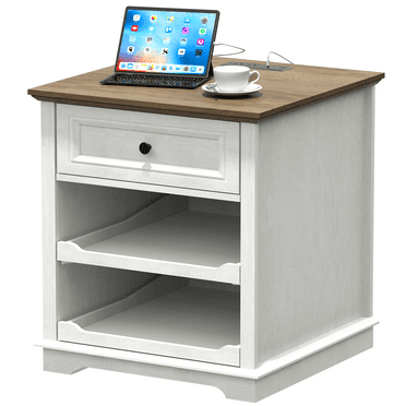 REDAYFUR 24" Large End Table with Charging Station, Sofa Side Table with Drawers, Square Storage Table with 2 Open Mind Drawers & Adjustable Storage Shelf for Living Room, Study Room | White