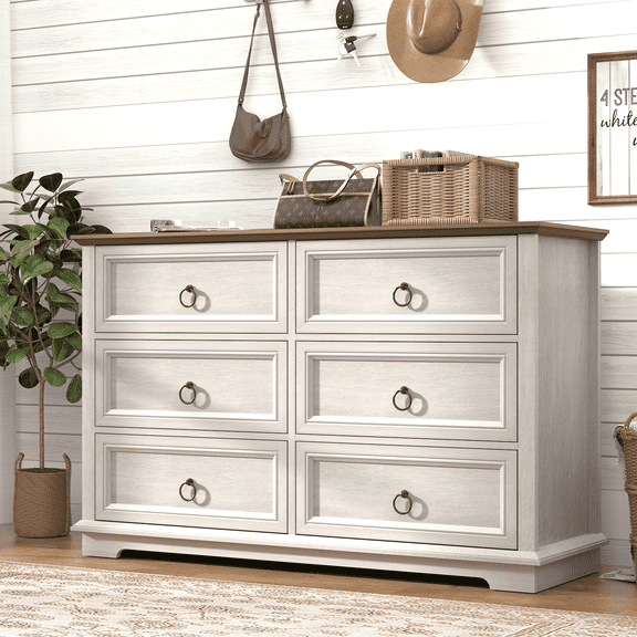 REDAYFUR Chest of Drawers, 6 Drawers Dresser for Bedroom, Wide Dresser for Closet, Wood Vintage Dresser, Dresser Organizer for Bedroom, Living Room, Hallway, White