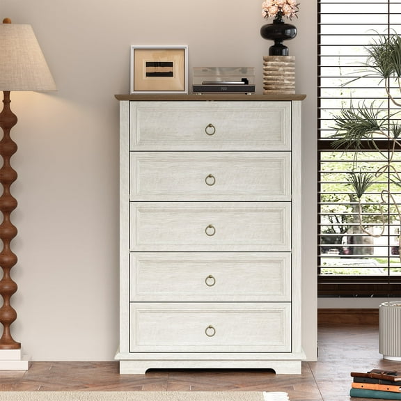 REDAYFUR Chest of Drawers with Anti-tip, 5 Drawers Dresser for Bedroom, Tall Dresser for Closet, Wood Vintage Dresser, Dresser Organizer for Bedroom, Living Room, Hallway, White