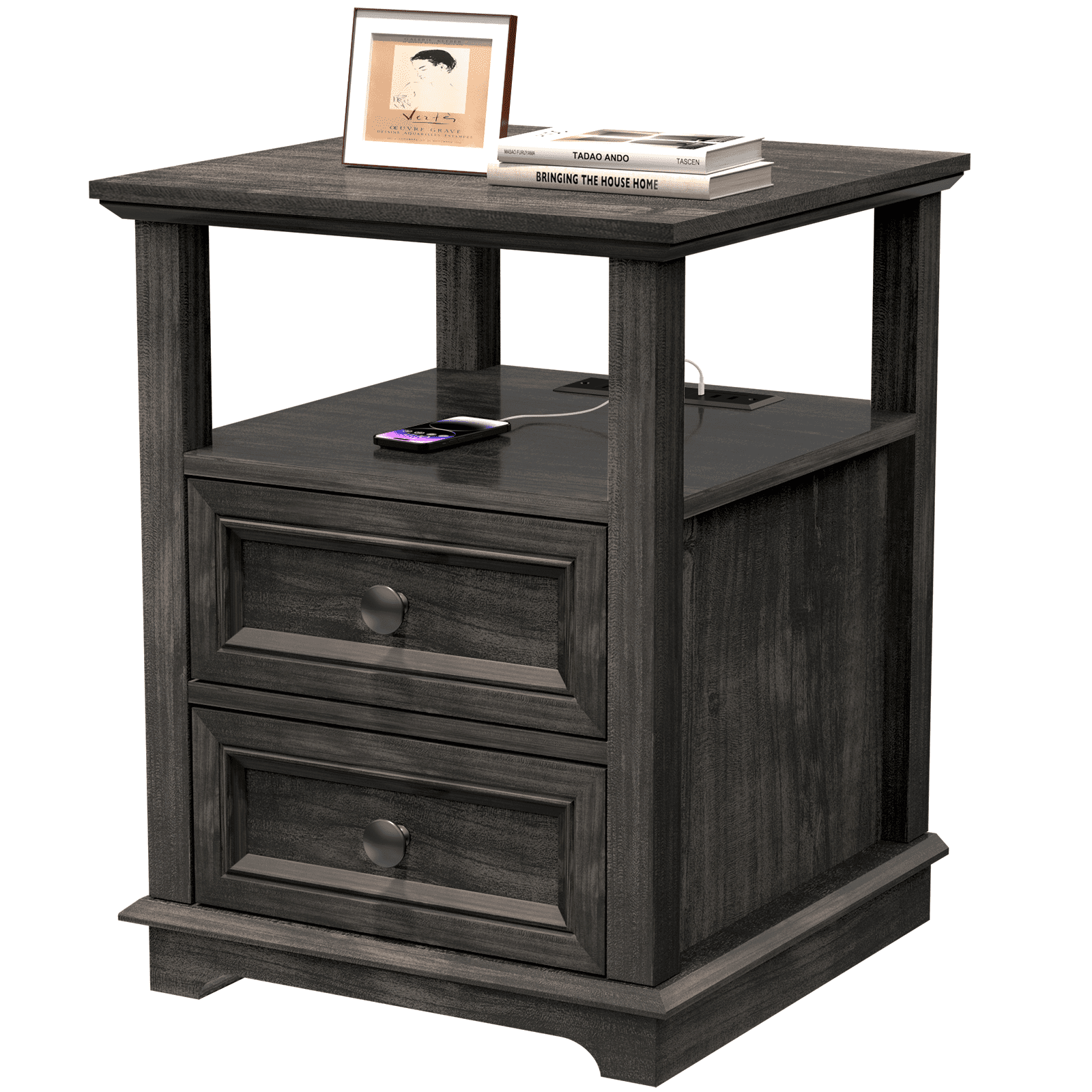 REDAYFUR End Table with Fast USB C Charging Station,24” Tall Sofa Side Table with 2 Drawers, Large Storage Rustic Wood Square Storage Cabinet for Living Room,Bedroom,Office, Black