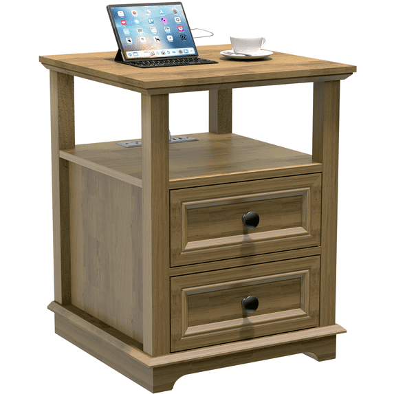 REDAYFUR End Table with Fast USB C Charging Station, 24” Tall Sofa Side Table with 2 Drawers, Large Storage Rustic Wood Square Storage Cabinet for Living Room,Bedroom,Office, Light Brown