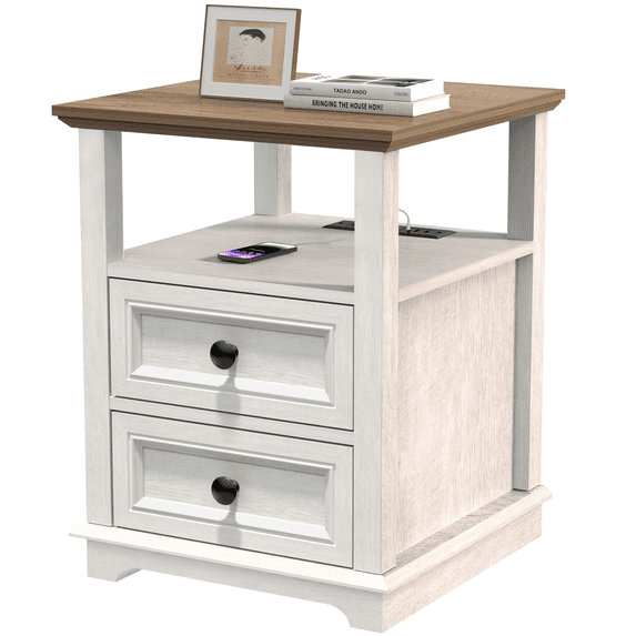 REDAYFUR End Table with Fast USB C Charging Station, 24” Tall Sofa Side Table with 2 Drawers, Large Storage Rustic Wood Square Storage Cabinet for Living Room,Bedroom,Office, White