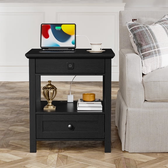 REDAYFUR End Table with Charging Station and Sliding Top Storage,Wooden Nightstand for Bedroom,Black