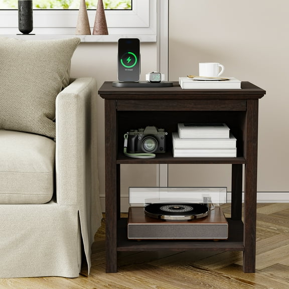 REDAYFUR End Table with Sliding Top Storage,Wooden Nightstand with Charging Station for Bedroom,Cherry