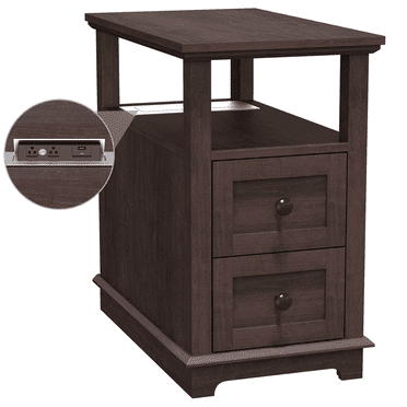 REDAYFUR Narrow End Table with Flip Top Charging Station and 2 Drawers, Type-C & USB port & Power outlets, Wooden Storage Cabinet, Side Table with Storage for Living Room and Bedroom | Espresso