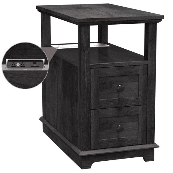 REDAYFUR Narrow End Table with Flip Top Charging Station and 2 Drawers, Type-C & USB port & Power outlets, Wooden Storage Cabinet, Side Table with Storage for Living Room and Bedroom | Blackgrey