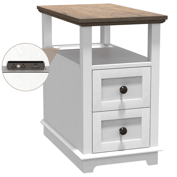 REDAYFUR Narrow End Table with Flip Top Charging Station and 2 Drawers, Type-C & USB port & Power outlets, Wooden Storage Cabinet, Side Table with Storage for Living Room and Bedroom | White