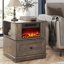 REDAYFUR Rotating End Table with 13" Electric Fireplace Screens, Side Table with Fast Charging Station, 1400W Fireplace Wooden Side Table for Living Room|Bedroom|Office, Brown