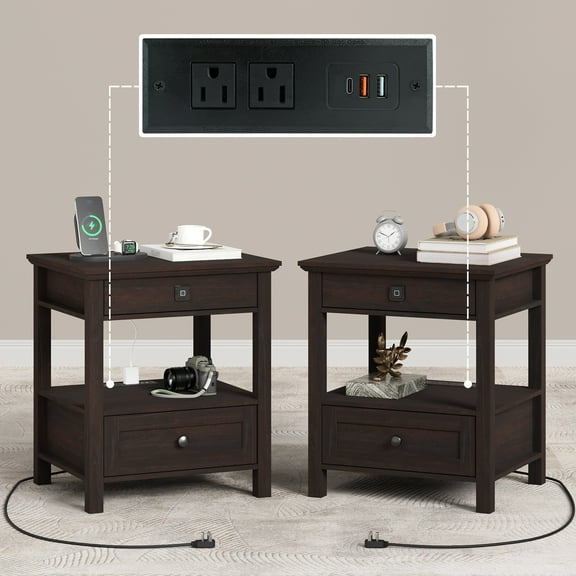REDAYFUR Set of 2 End Table with Charging Station and Sliding Top Storage,Wooden Nightstand for Bedroom,Cherry