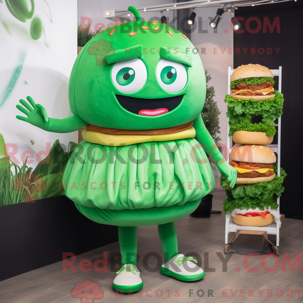 REDBROKOLY mascot character of a Green Hamburger dressed with a Mini ...