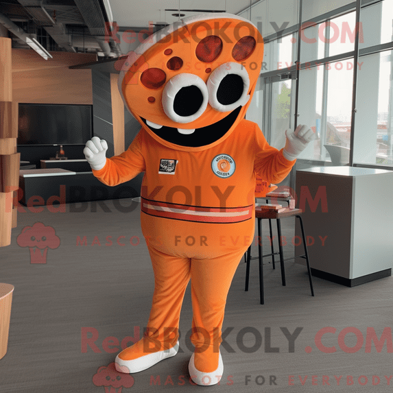 REDBROKOLY mascot character of a Orange Pizza Slice dressed with a Jumpsuit and Anklets