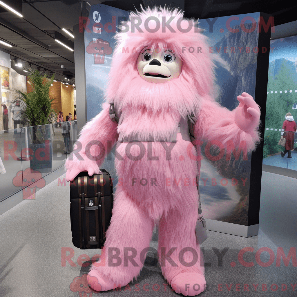 REDBROKOLY mascot character of a Pink Yeti dressed with a Sheath Dress ...