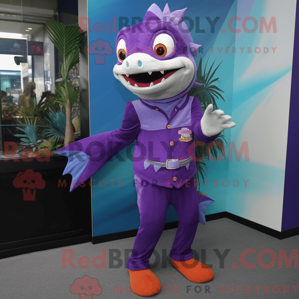 REDBROKOLY mascot character of a Purple Barracuda dressed with a Dress ...