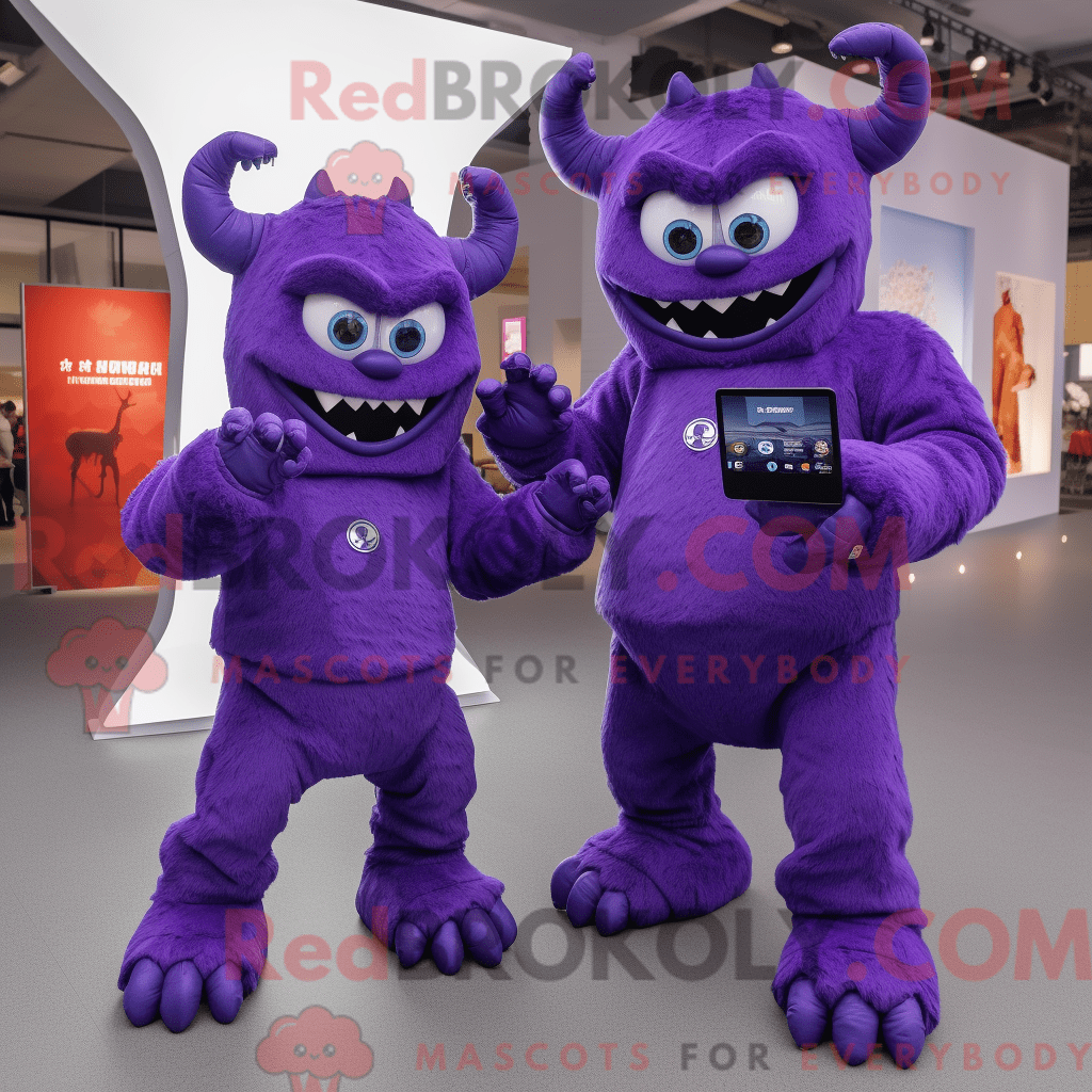 REDBROKOLY mascot character of a Purple Demon dressed with a Jumpsuit ...