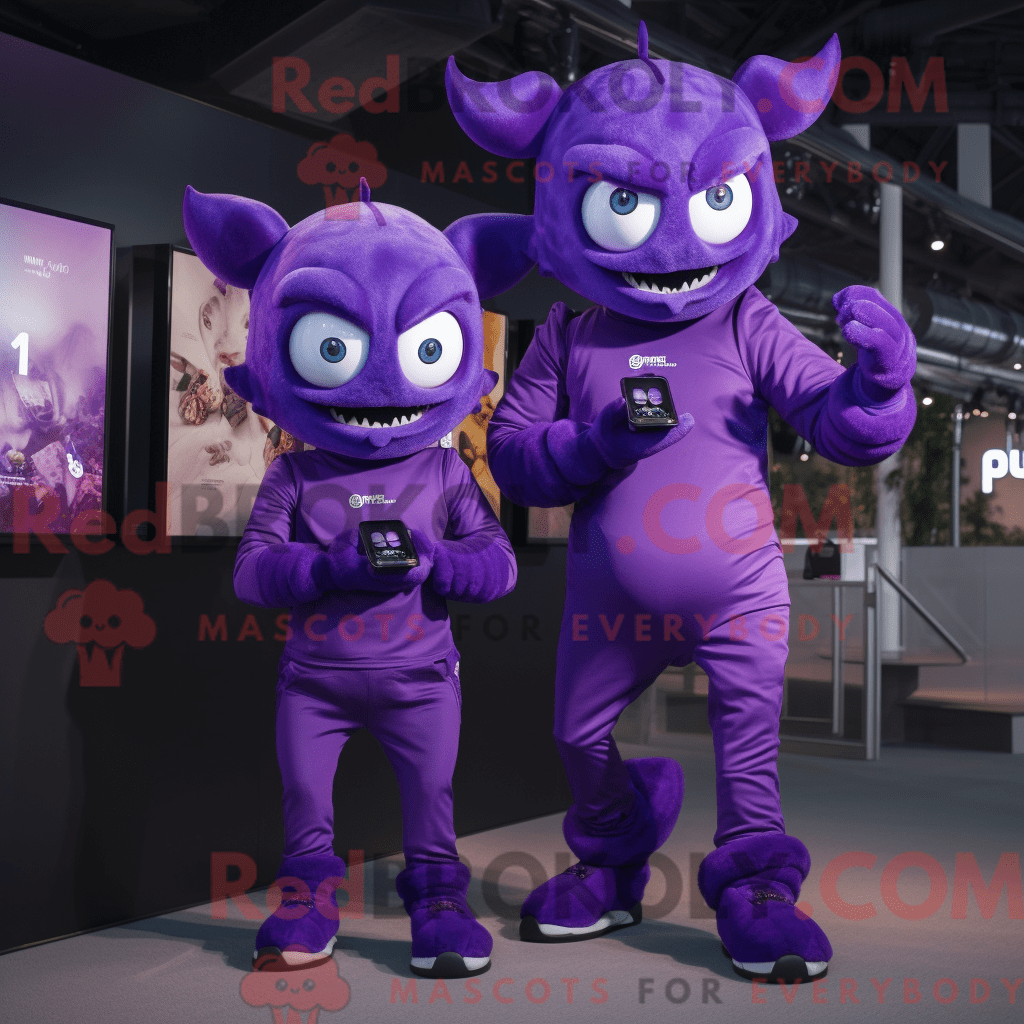 REDBROKOLY mascot character of a Purple Demon dressed with a Jumpsuit ...