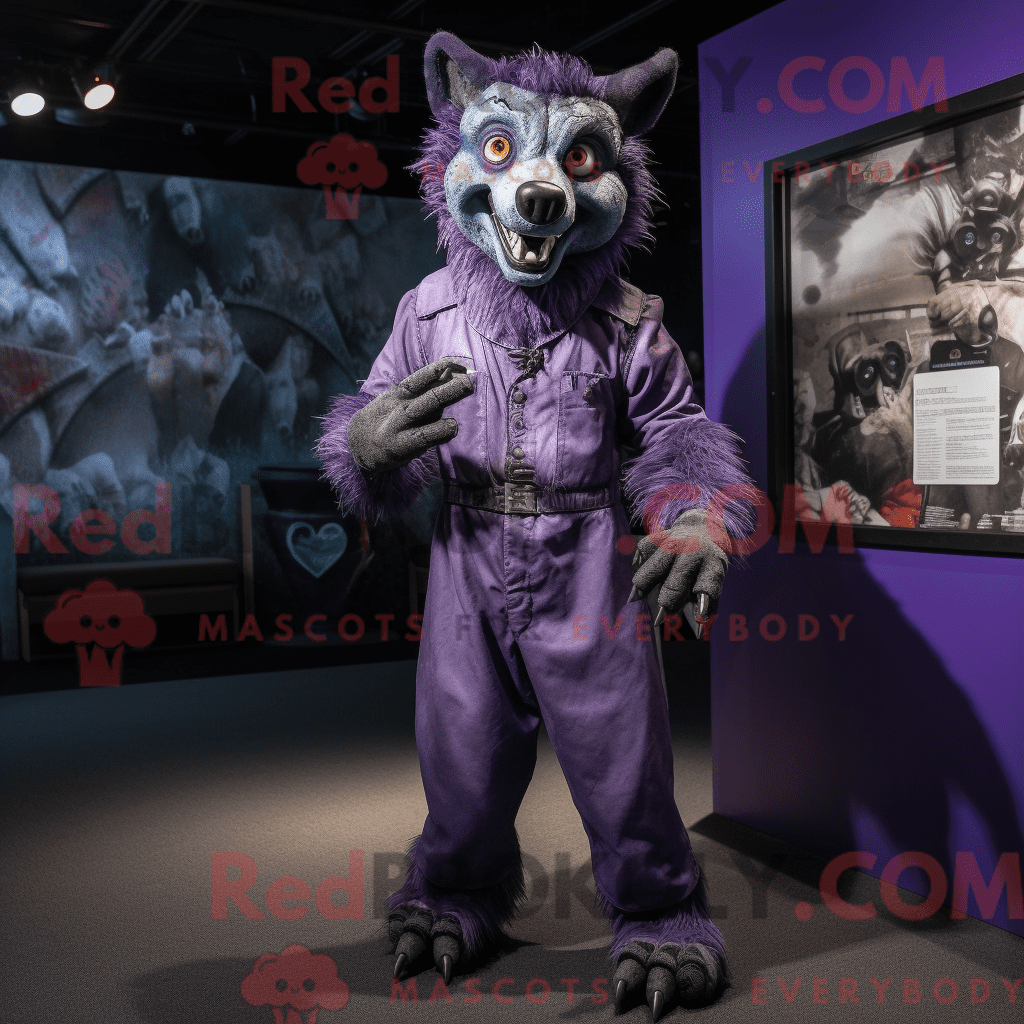 REDBROKOLY mascot character of a Purple Hyena dressed with a Overalls ...
