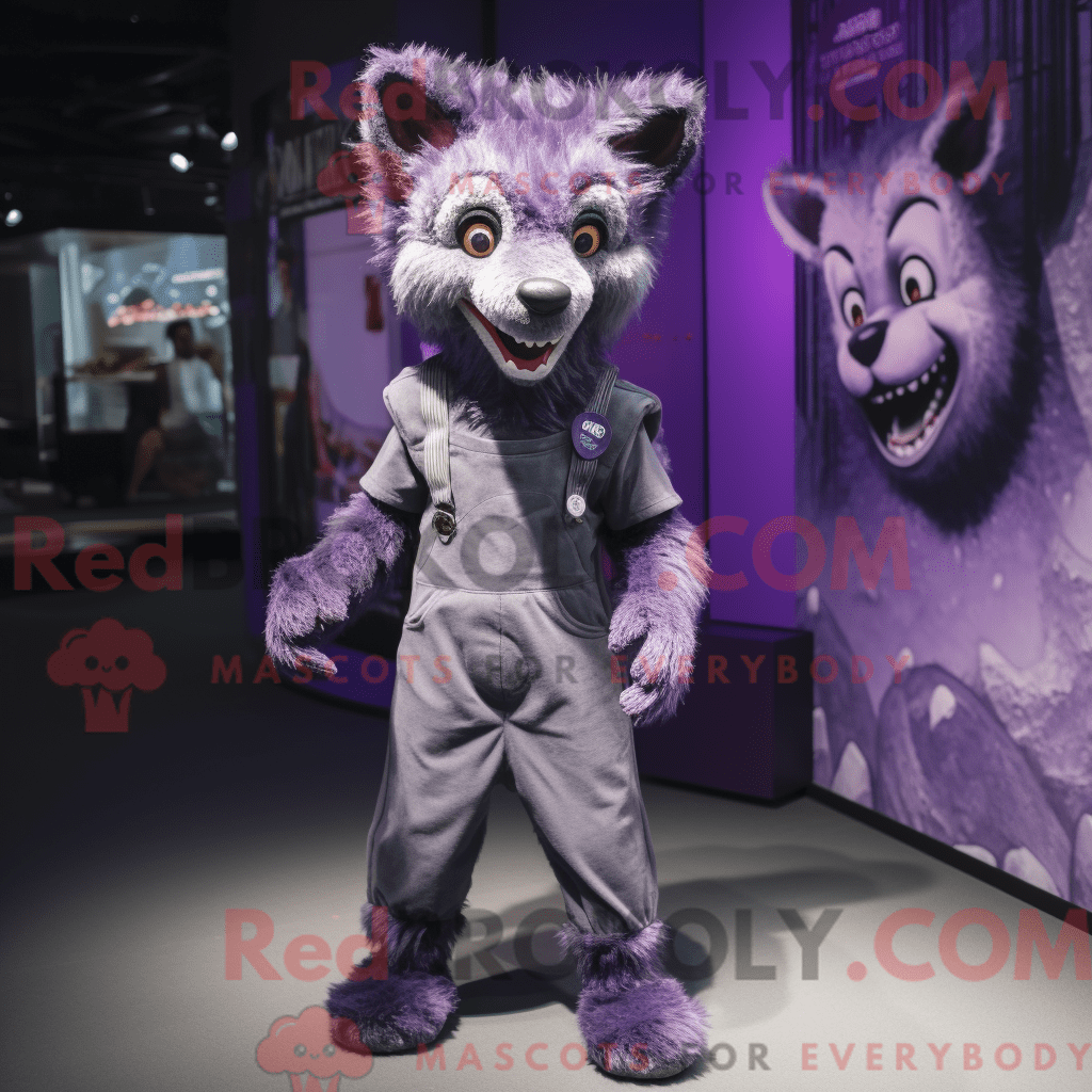 REDBROKOLY mascot character of a Purple Hyena dressed with a Overalls ...