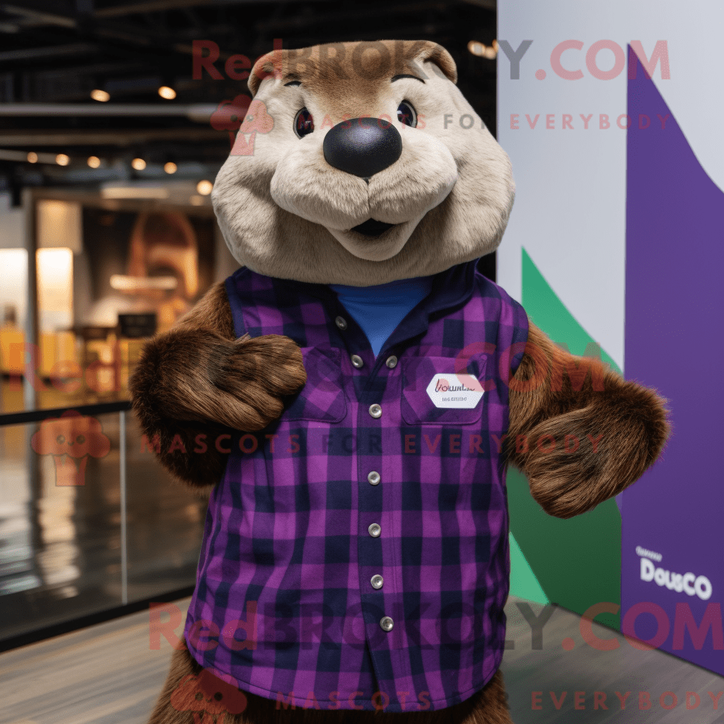REDBROKOLY mascot character of a Purple Otter dressed with a Flannel ...