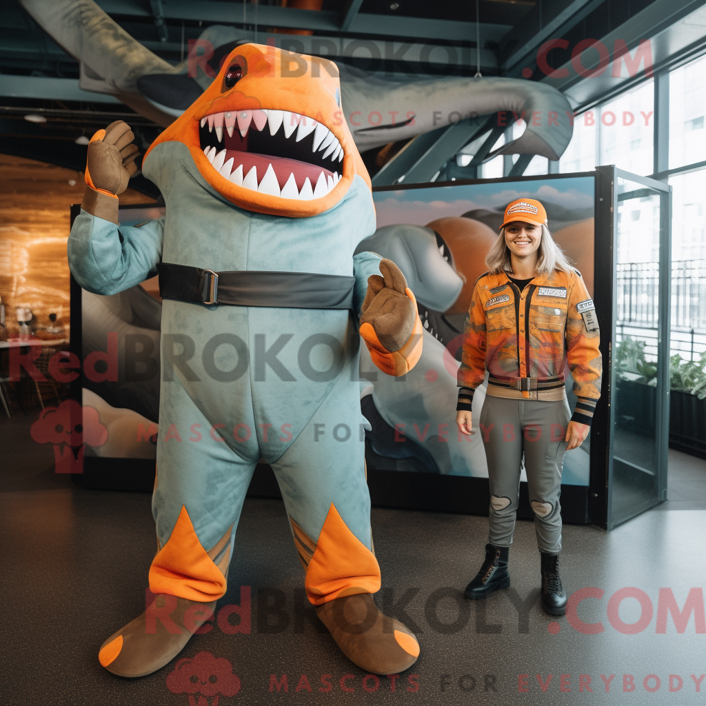REDBROKOLY mascot character of a Rust Megalodon dressed with a Jumpsuit ...