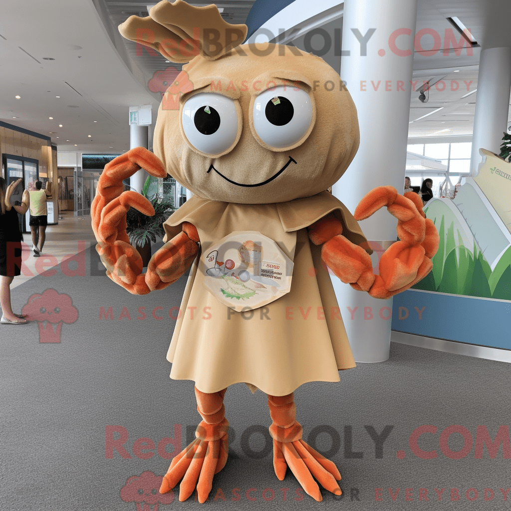 REDBROKOLY mascot character of a Tan Crab dressed with a Shift Dress ...